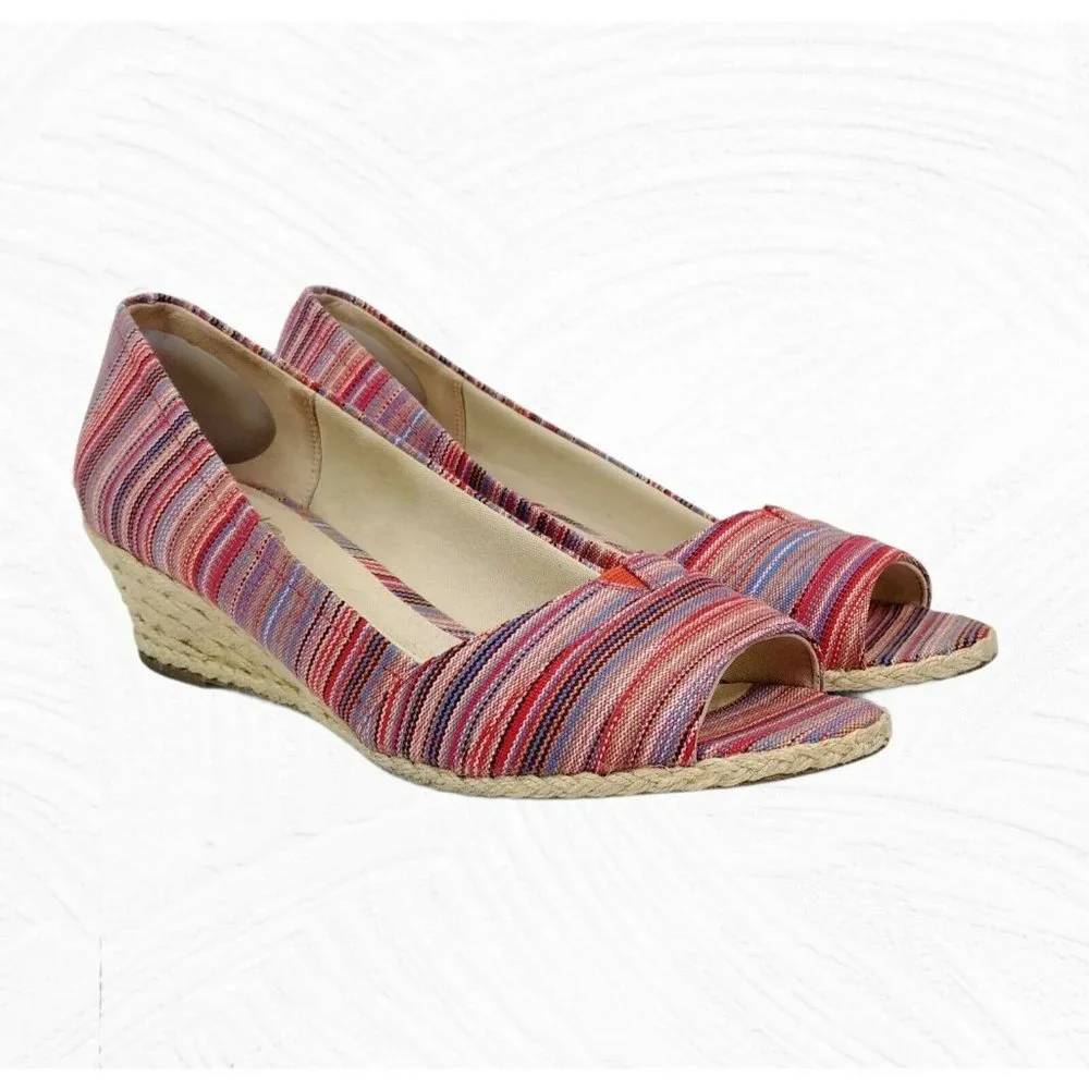 Coach And Four Lucine Stripe Peep Toe Espadrille Wedge Shoes Women's Size 9